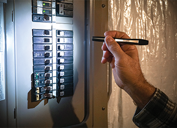 a man checking the breaker panel with the Energizer pen flashlight
